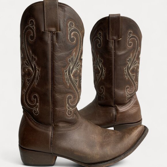 Cold River Brown Leather Embroidered Western Cowboy Boots Men's 9 D - Picture 1 of 16